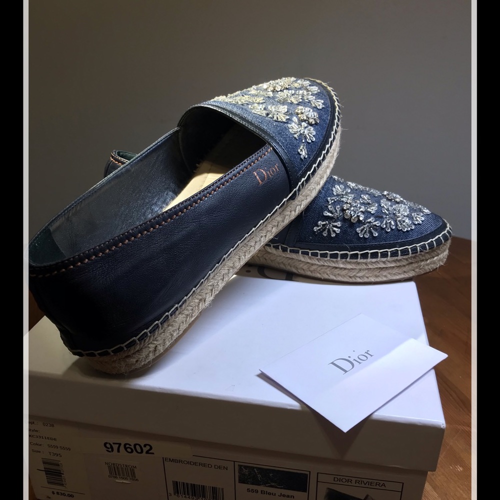 DIOR  DENIM LOAFERS WITH CRYSTAL & BEADED FRONTS